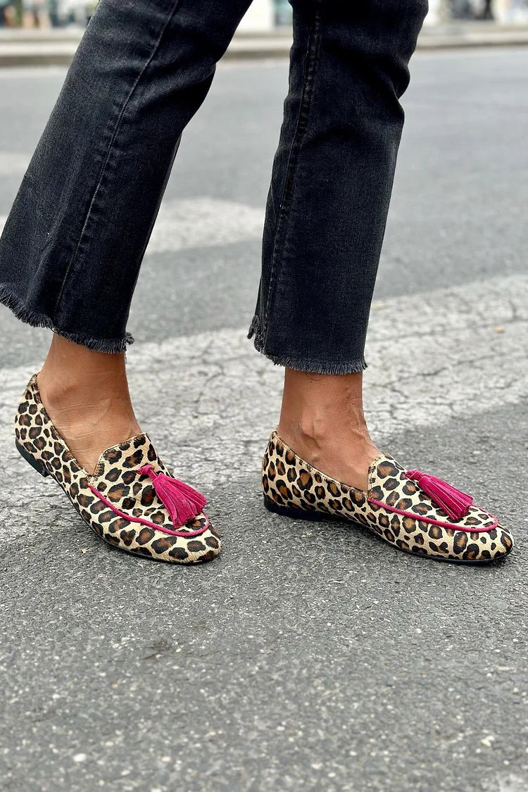 Margaret Robinson | Animal Print Loafer With Fuchsia Fringes
