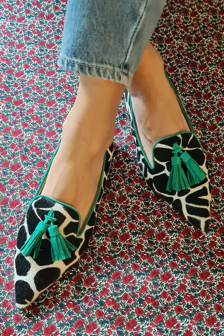 Margaret Robinson | Pointed Loafer With Giraffe Print And Green Fringes