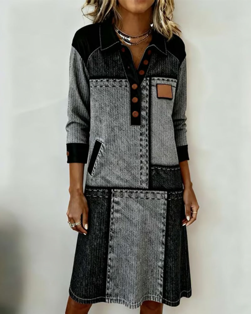 Margaret Robinson | Dress Button Flip V-neck Color Block