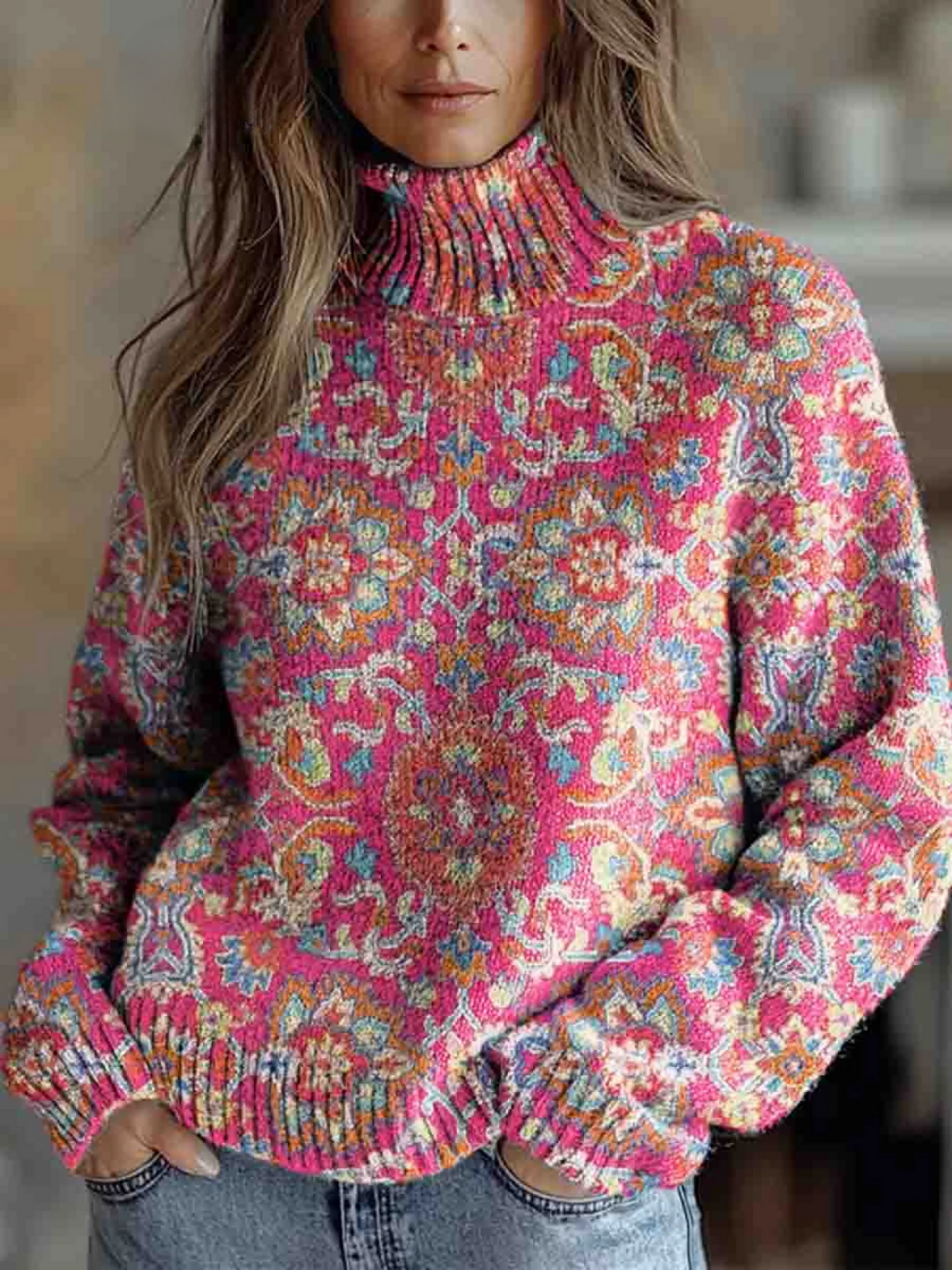 Margaret Robinson | Retro Ethnic Floral Pattern Sweater