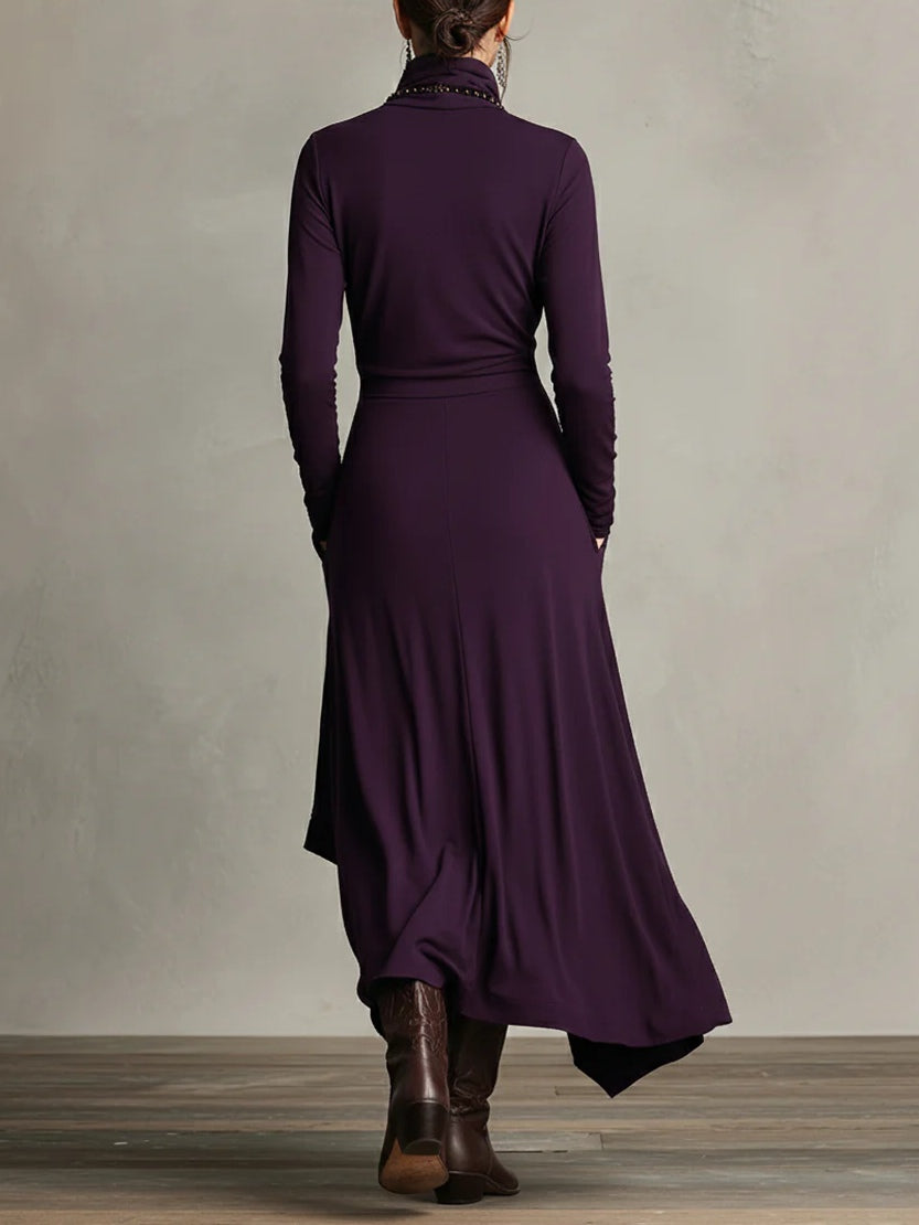 Margaret Robinson | Asymmetrical Maxi Pleated Dress In Purple With High Neck