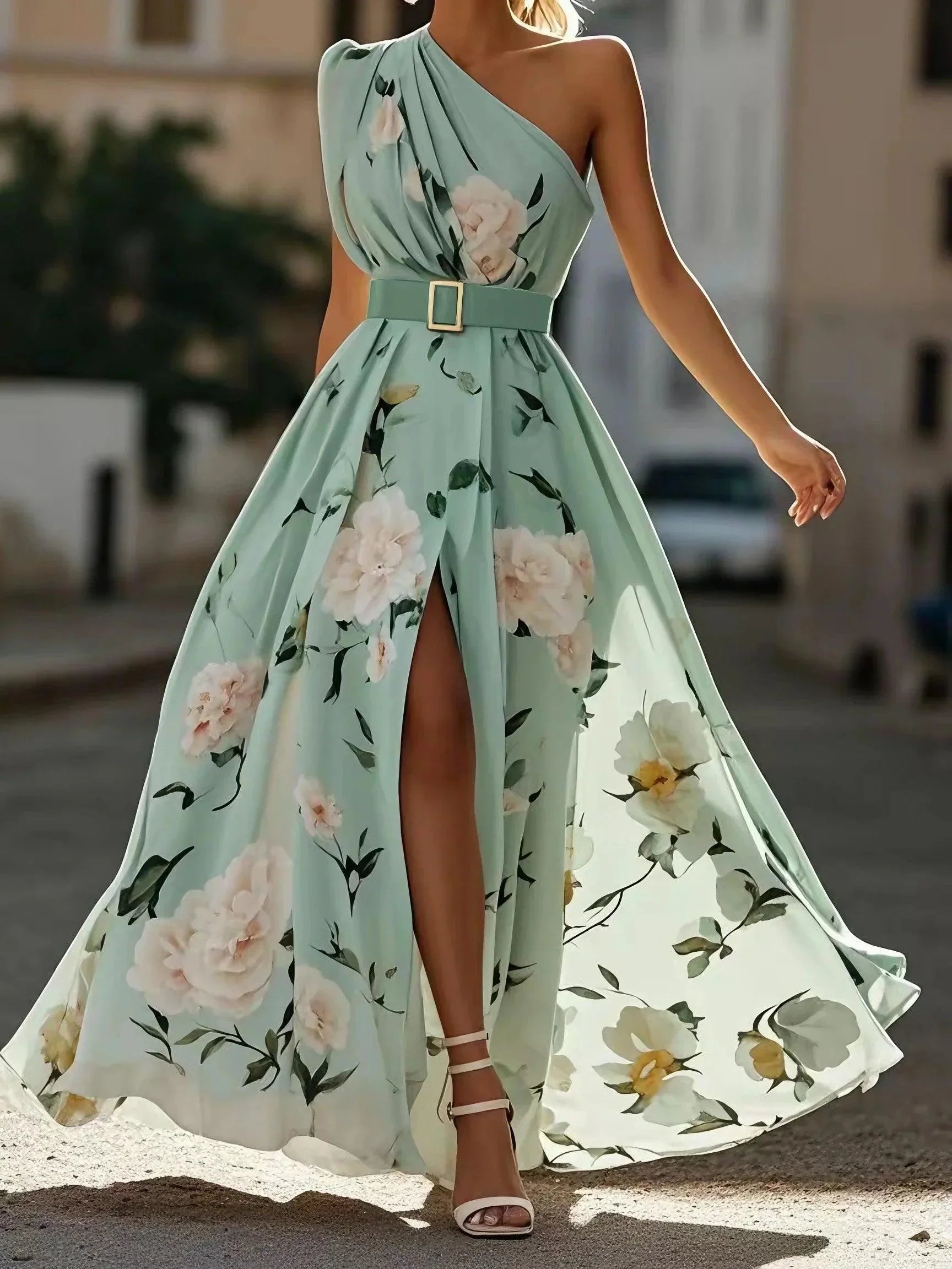 Carol | Floral Maxi Dress with One Shoulder and High Slit