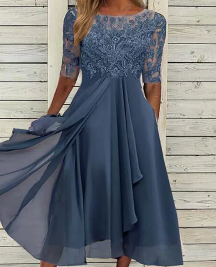 Eleanor | Wedding guest Lace Midi Dress with Short Sleeves and Round Neck