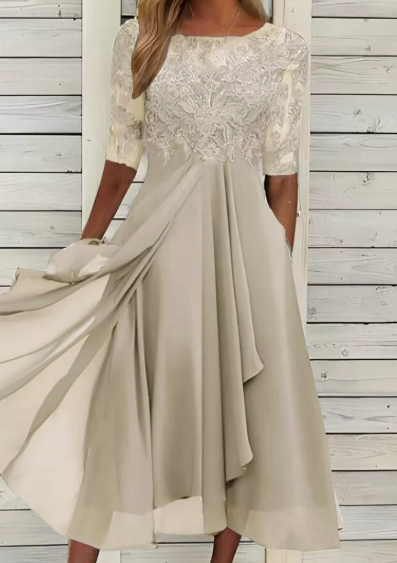 Eleanor | Wedding guest Lace Midi Dress with Short Sleeves and Round Neck
