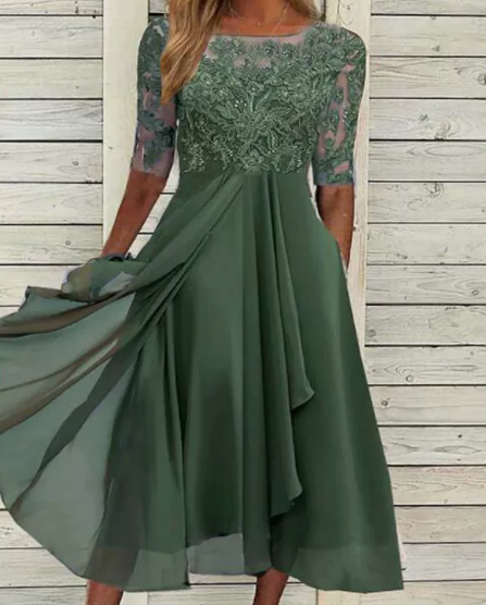 Eleanor | Wedding guest Lace Midi Dress with Short Sleeves and Round Neck