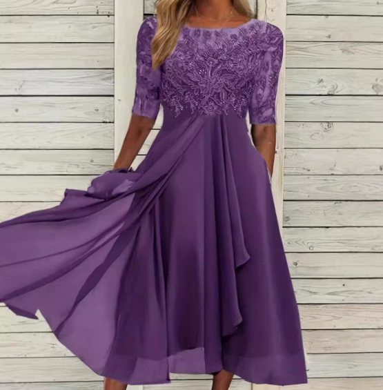 Eleanor | Wedding guest Lace Midi Dress with Short Sleeves and Round Neck