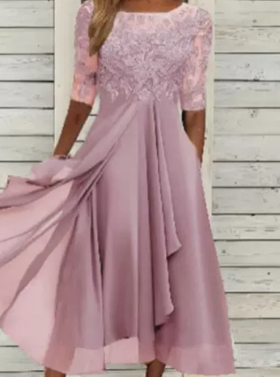 Eleanor | Wedding guest Lace Midi Dress with Short Sleeves and Round Neck