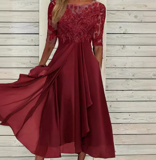 Eleanor | Wedding guest Lace Midi Dress with Short Sleeves and Round Neck
