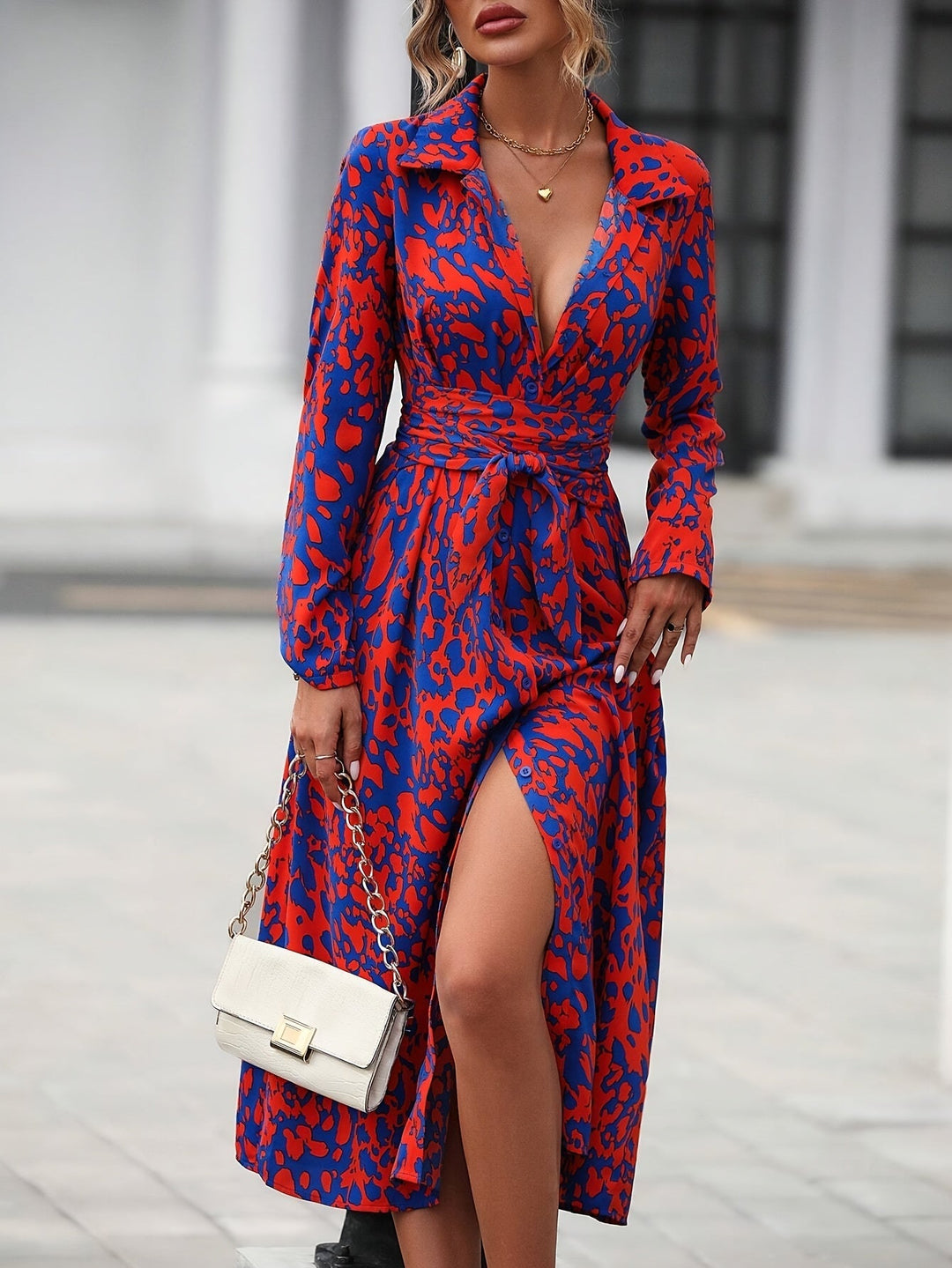 Roxanne | Shirt Maxi Dress with Geometric Print and Tie Belt