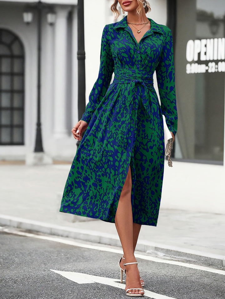 Roxanne | Shirt Maxi Dress with Geometric Print and Tie Belt